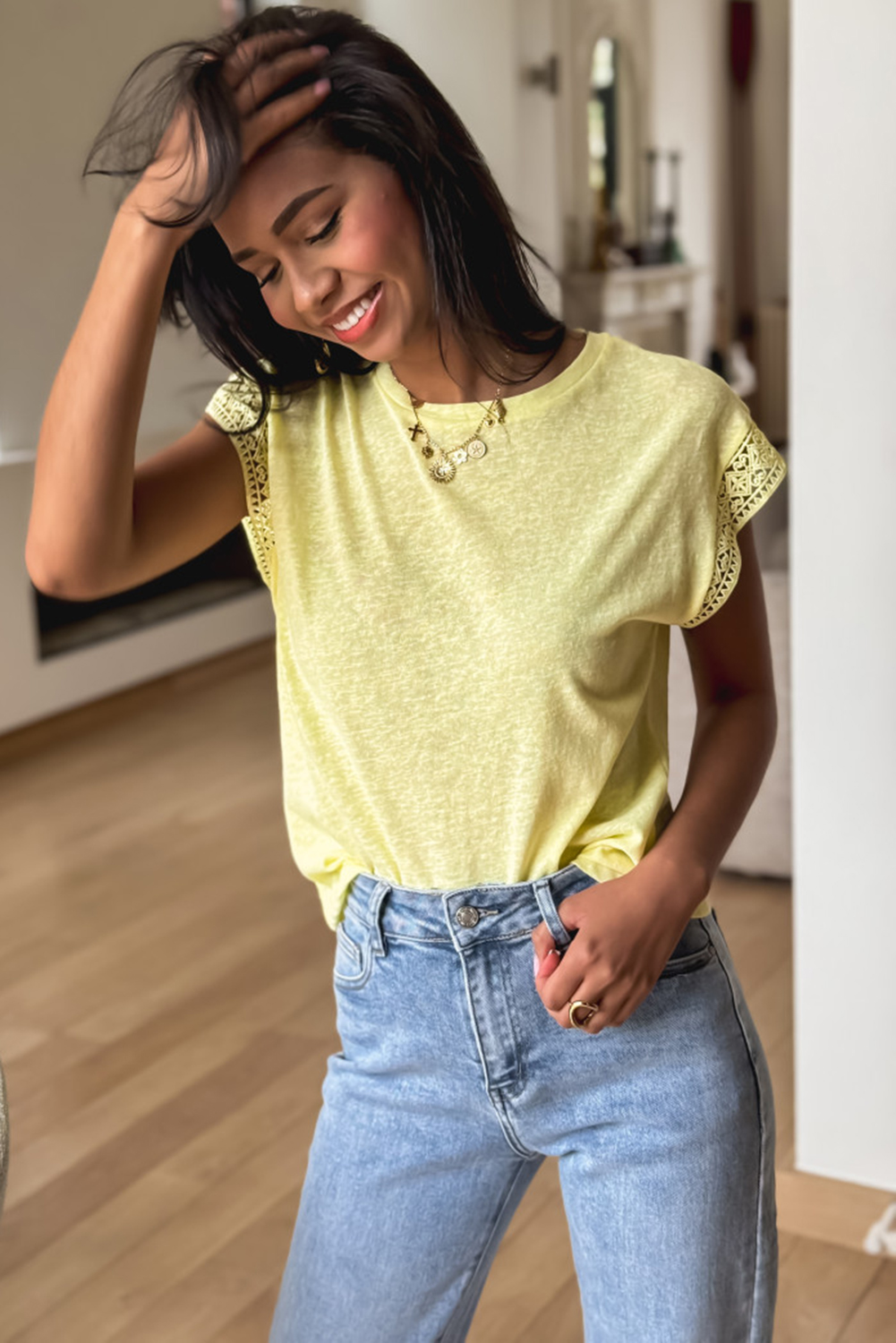 Yellow Cream Lace Patchwork Cap Sleeve Round Neck T Shirt - Image 6