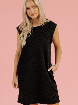 Black Textured Cap Sleeve T-shirt Shift Mini Dress