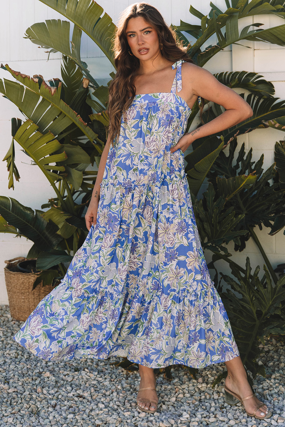 Sky Blue Floral Print Self-tie Straps Flowy Ruffle Long Dress - Image 3