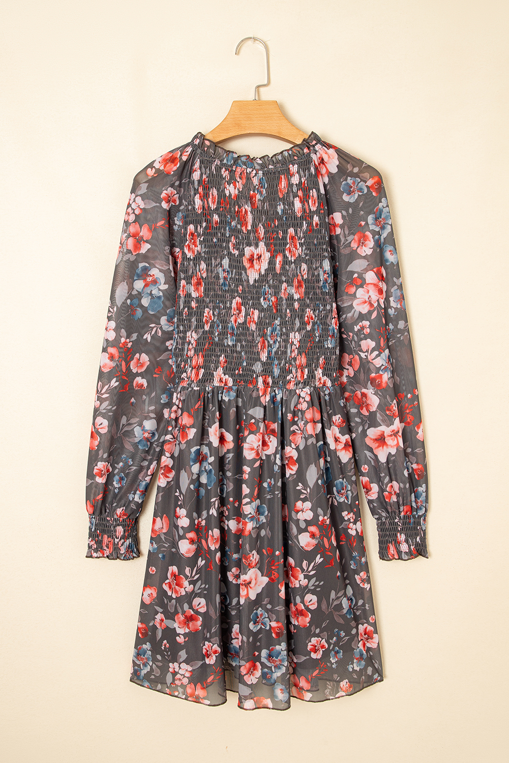 Brown Frilly Smocked Bodice Floral Mesh Long Sleeve Mini Dress - Image 5