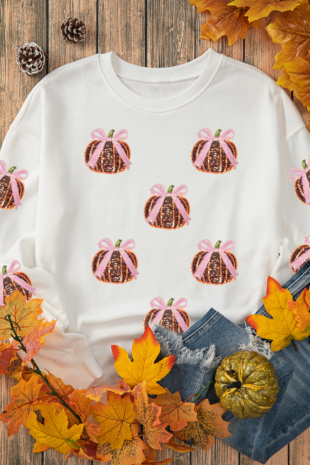 White Sequin Bow Pumpkin Patched Cotton Baggy Sweatshirt - Image 2