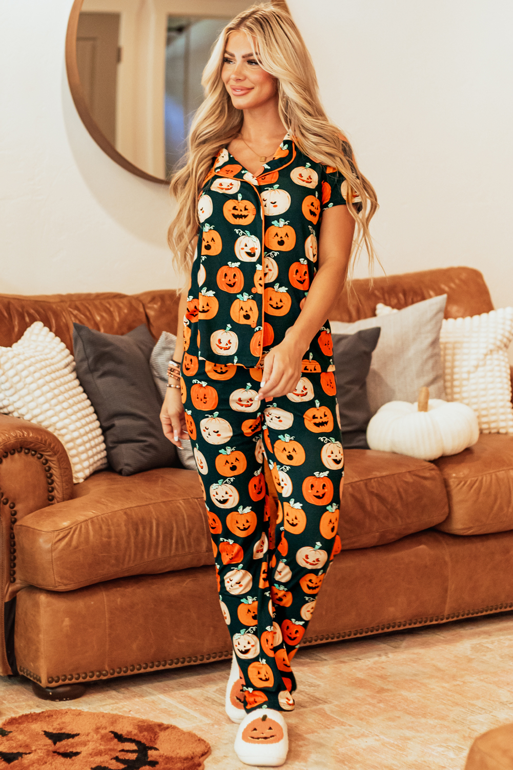 Orange Halloween Pattern Short Sleeve Shirt Pajama Set - Image 6