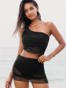 Black Pleated Mesh One Shoulder Bikini Top and Skirts Set