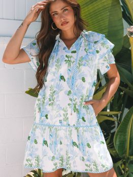 Sky Blue Floral Contrast Edge Layered Short Sleeve Mini Dress