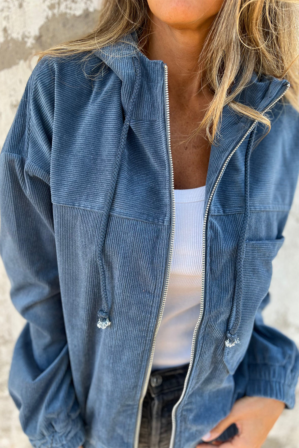 Real Teal Corduroy Drawstring Hooded Pocket Zip Up Jacket - Image 4