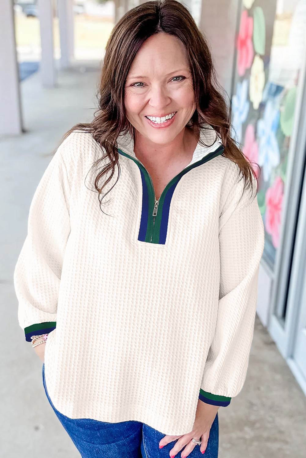 White Waffle Textured Contrast Polo Neck Zip up Jumper - Image 3