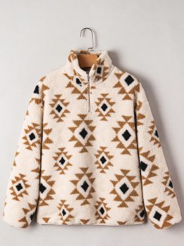 Khaki Aztec Print Sherpa Quarter Zip Collar Sweatshirt