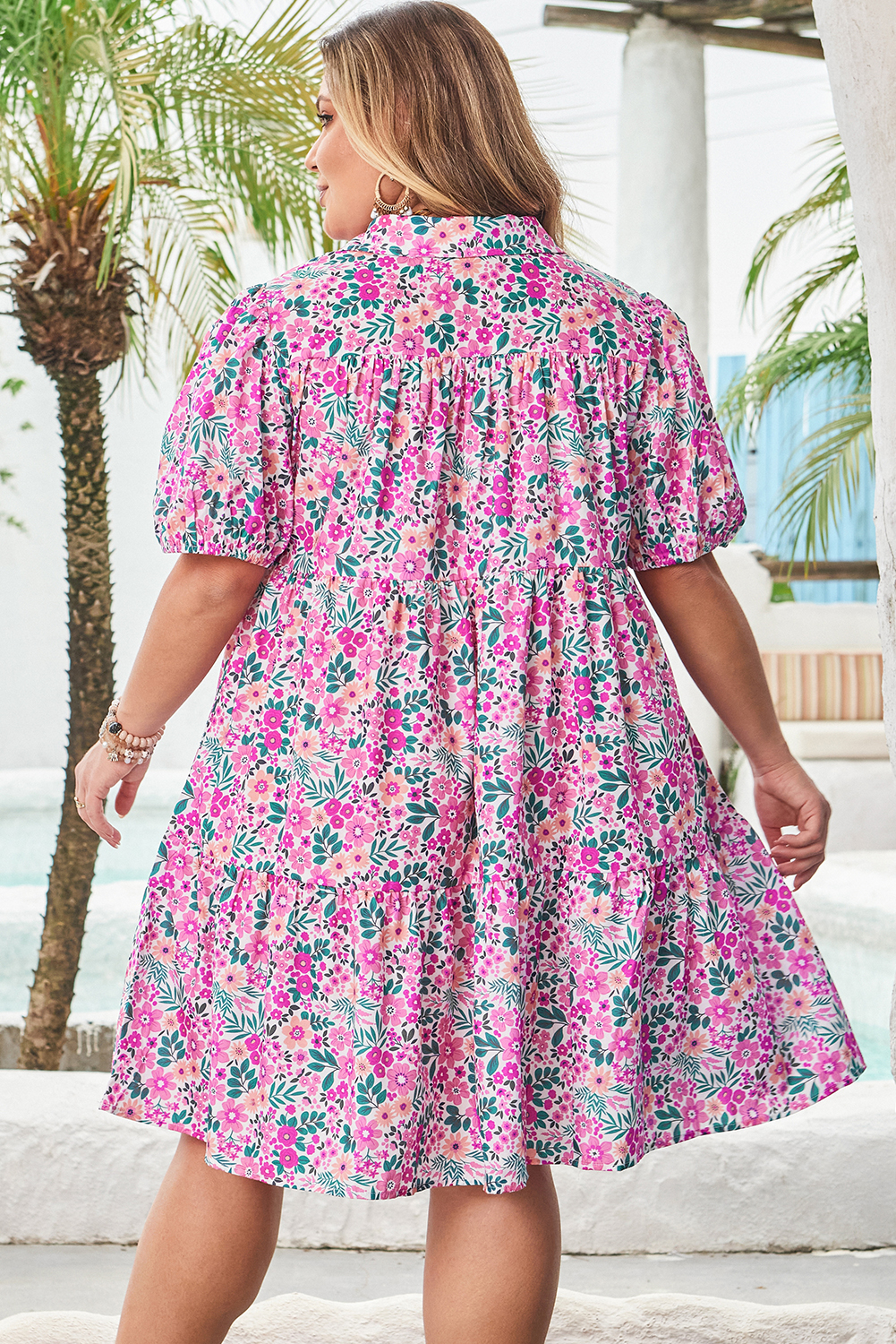 Pink Plus Size Floral Half Button Short Puff Sleeve A-line Dress - Image 2