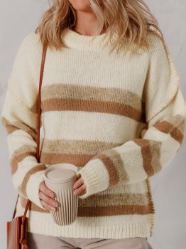 Khaki Stripe Exposed Seam Drop Shoulder Knit Baggy Sweater