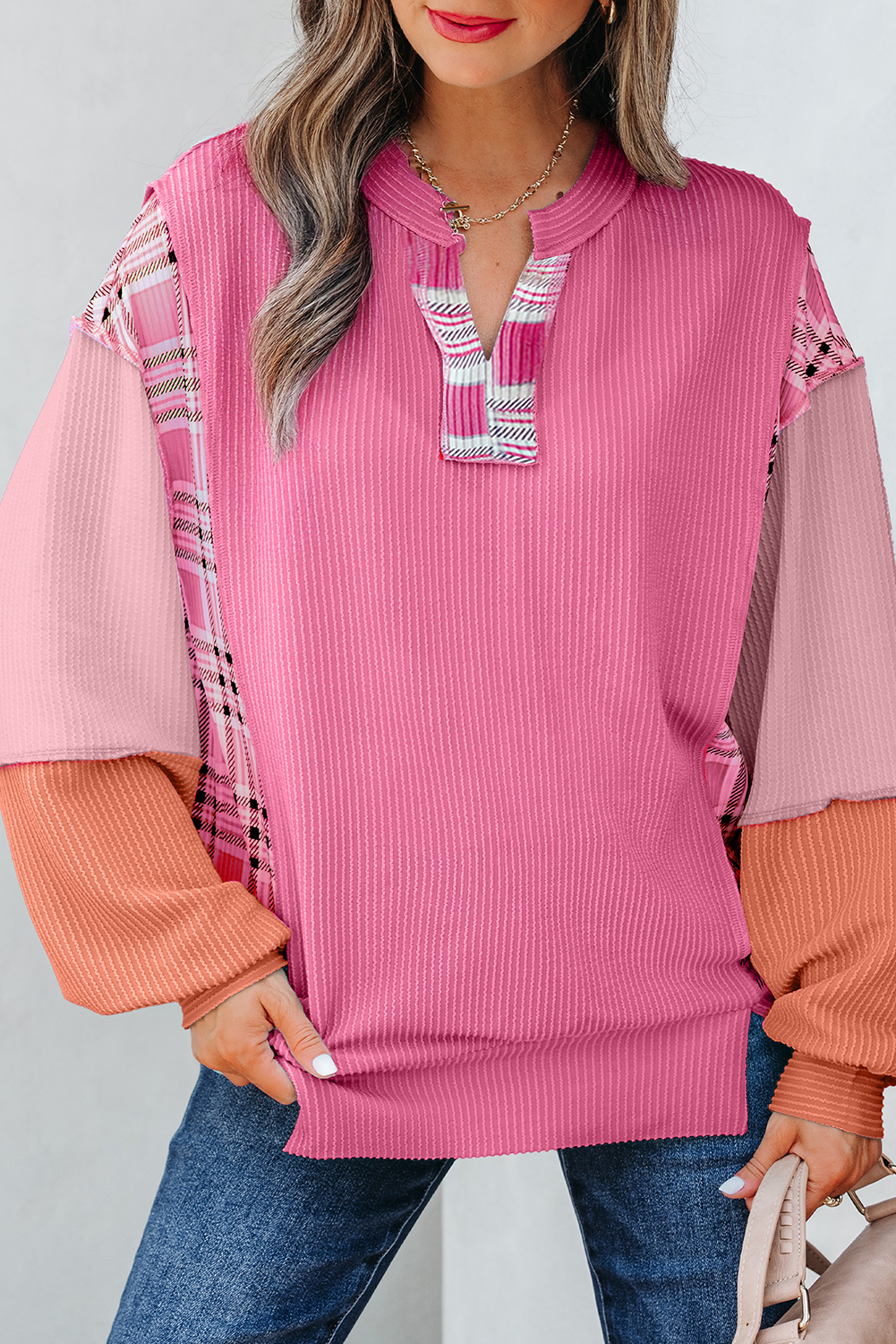 Rose Red Corded Texture Plaid Colorblock Patchwork Split Neck Long Sleeve Top - Image 12