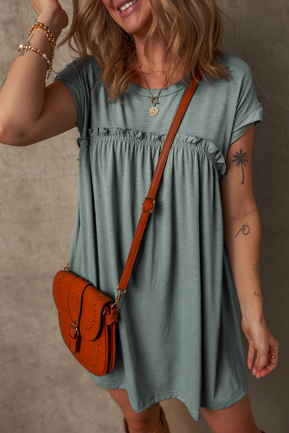Mist Green Frilled Gathered Seam Round Neck T Shirt Dress - Image 6