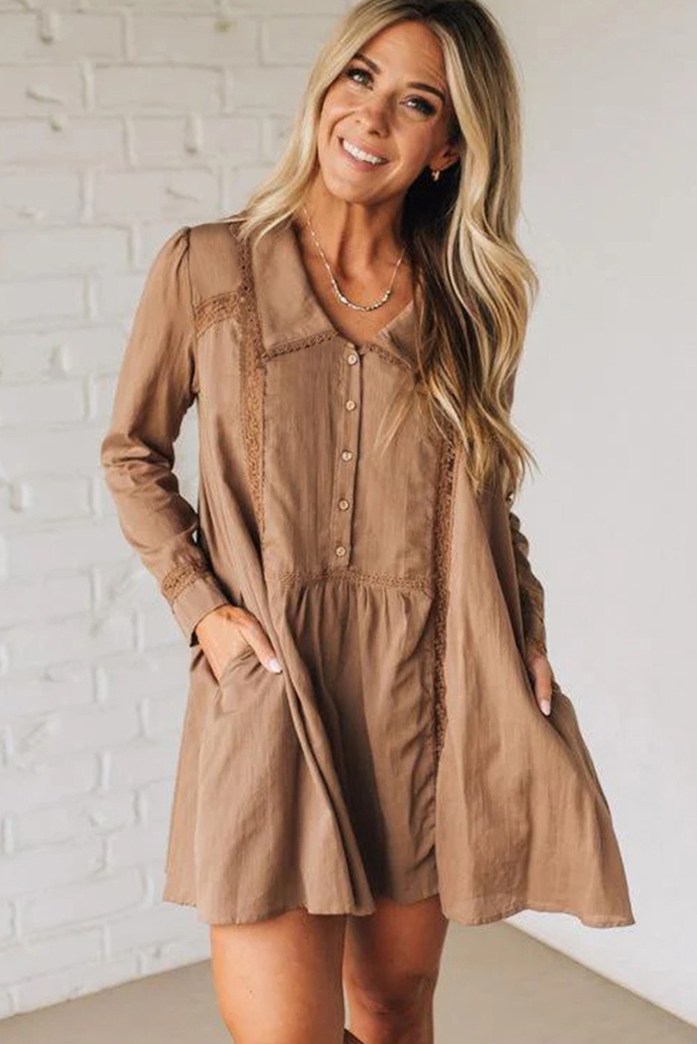 Straw Yellow Lace Trim Peter Pan Collar Long Sleeve Mini Shirt Dress - Image 5