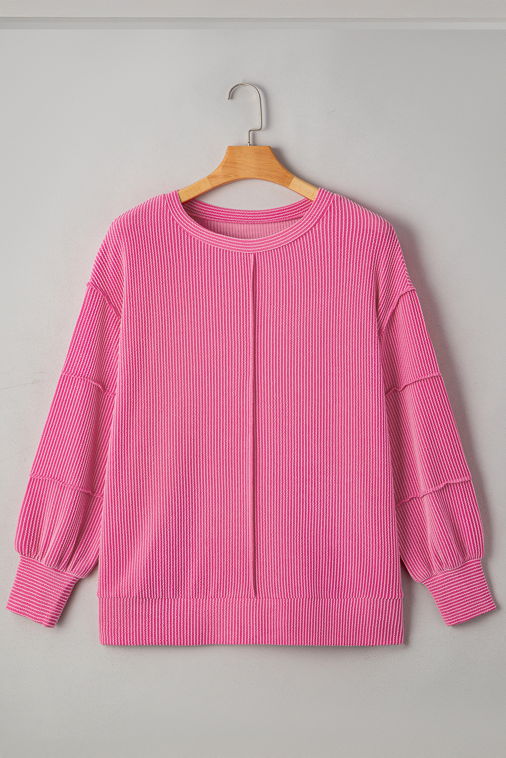 Bonbon Spiral Ribbed Exposed Seam Detail Plus Size Long Sleeve Top - Image 8