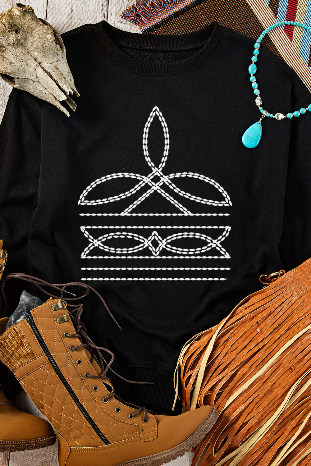 Black Western Pattern Print Round Neck Pullover Sweatshirt - Image 6