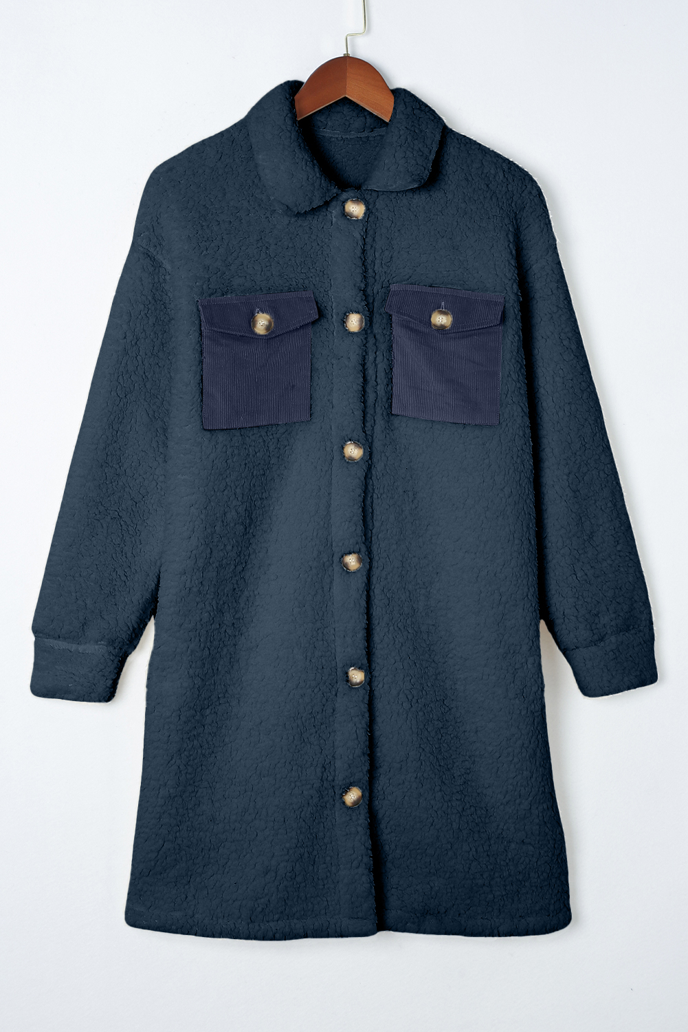 Blue Contrast Flap Pocket Single Breasted Teddy Coat - Image 6