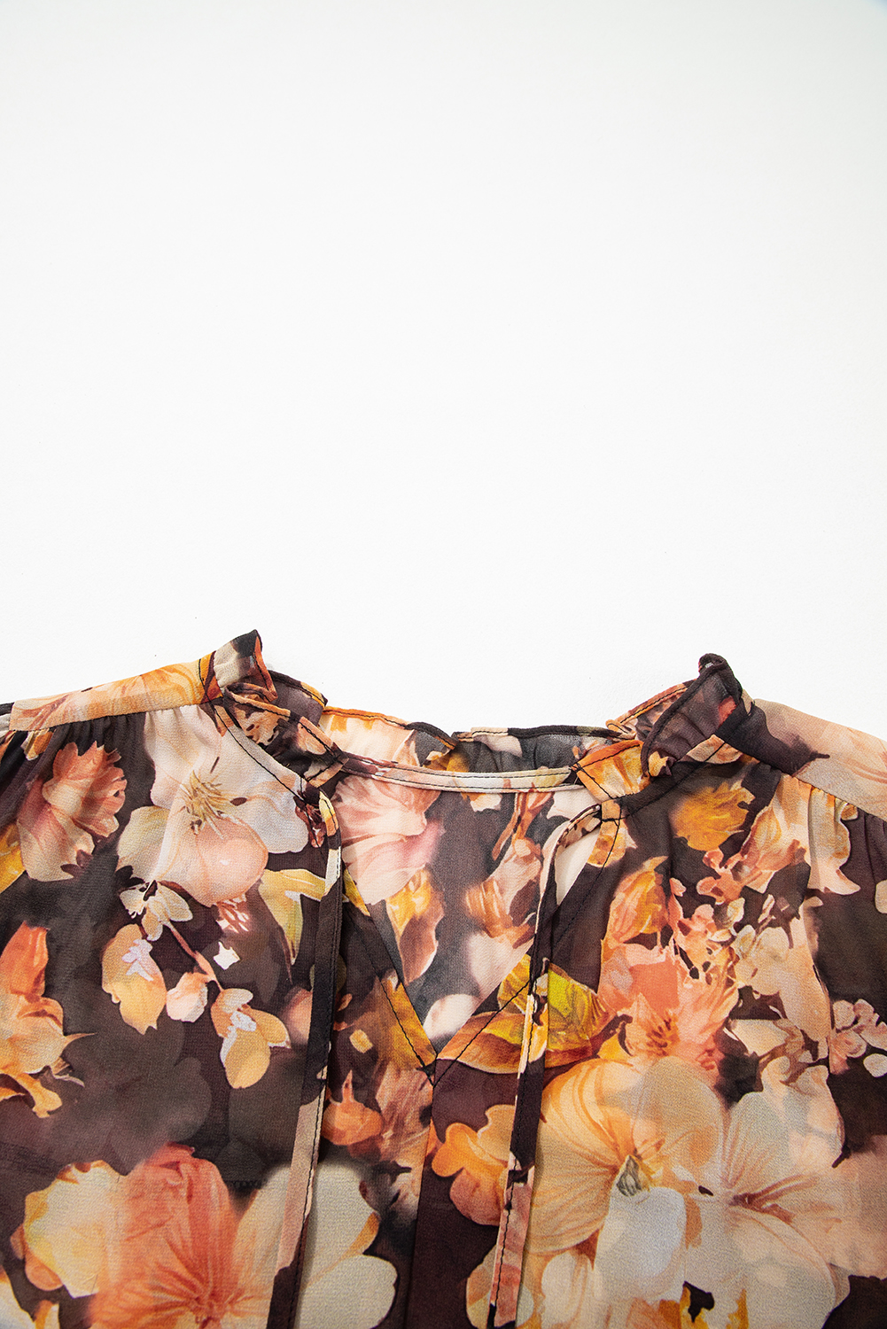 Black Floral V Neck Long Puff Sleeve Breezy Blouse - Image 6