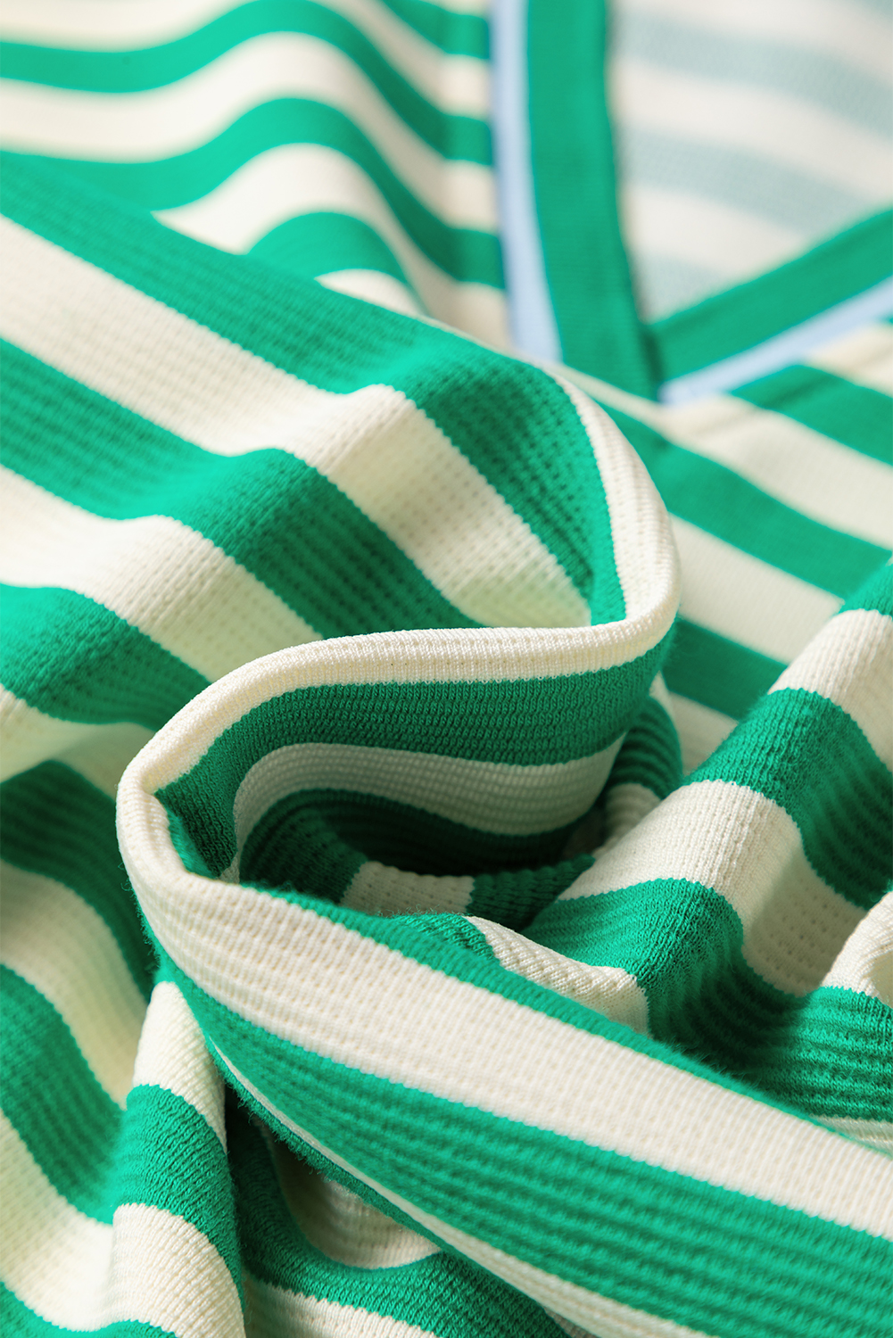 Green Striped Contrast Collar Split Neck Long Sleeve Mini Dress - Image 7