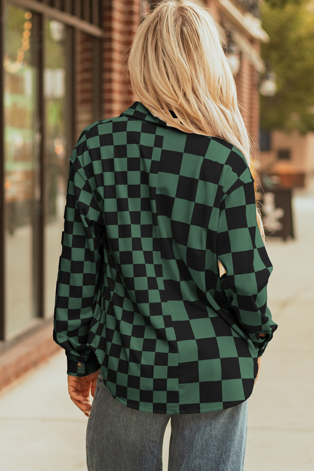 Green Checkerboard Flap Pocket Button Front Shacket - Image 2