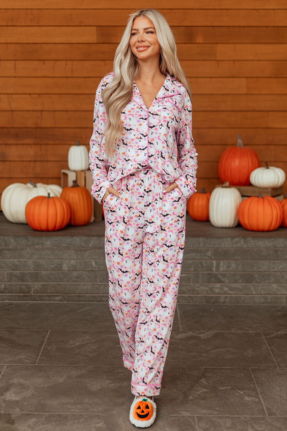 Pink Halloween Eve Haunted Honey Bat Print Pajama Set - Image 4