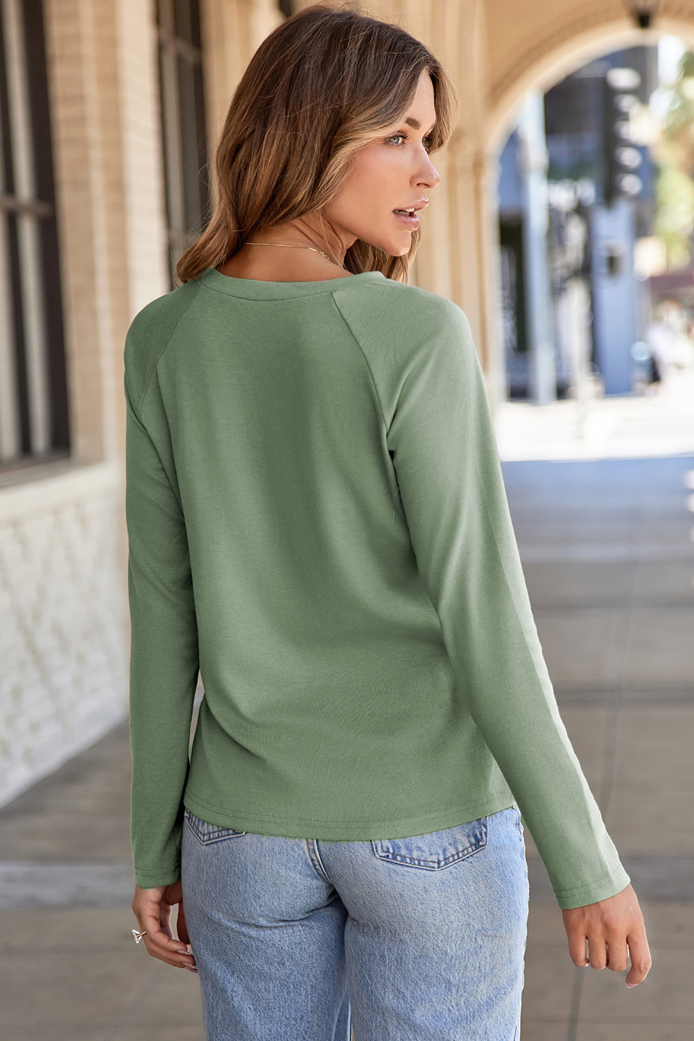 Laurel Green Solid Color Seam Detail Raglan Long Sleeve Top - Image 6
