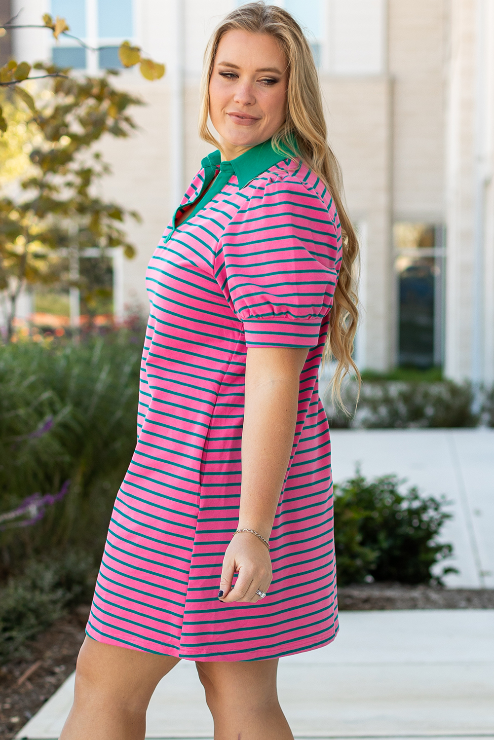 Rose Stripe Collared V Neck Puff Sleeve Shift T Shirt Dress with Pockets - Image 5