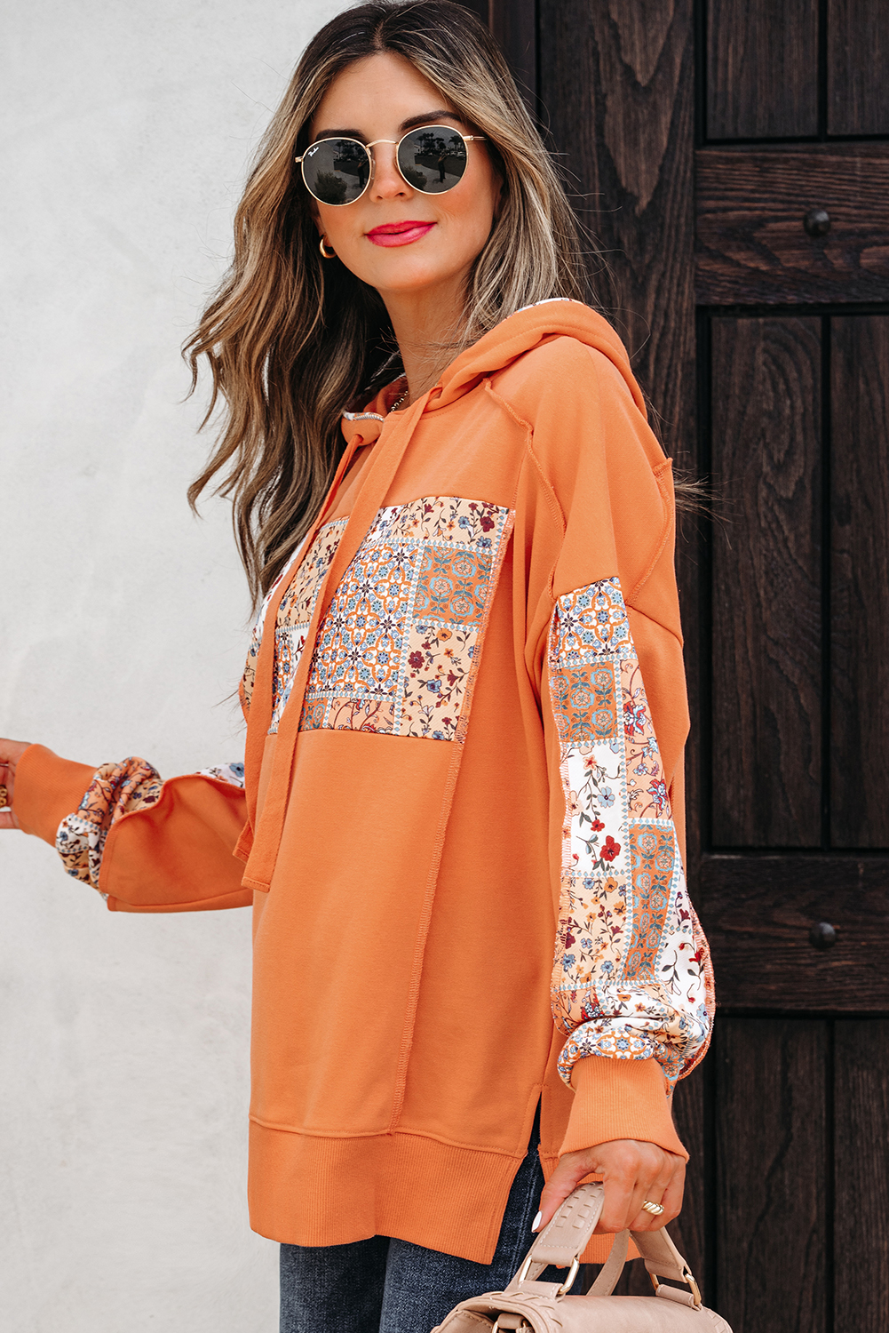 Flamingo Mix Floral Patchwork Side Slit Drawstring Hoodie - Image 3