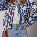 Blue Flower Print Open Front Buttoned Cuffs Elegant Jacket