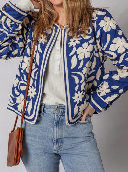 Blue Flower Print Open Front Buttoned Cuffs Elegant Jacket