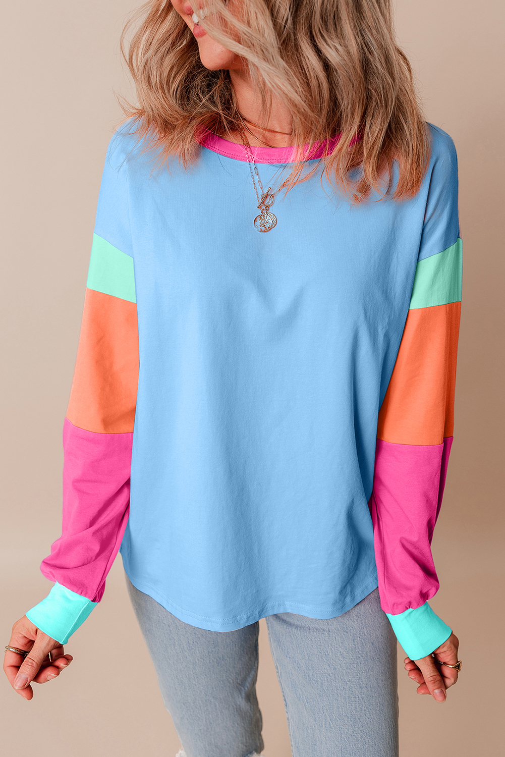Dark Blue Colorblock Patchwork Long Sleeve Loose Top - Image 8