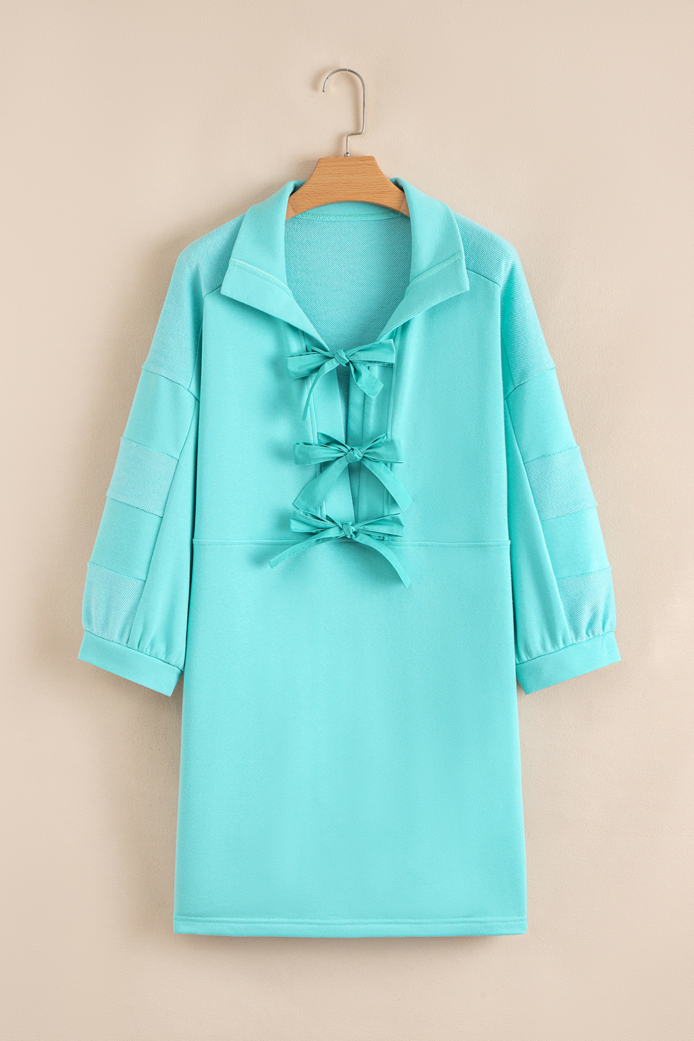 Moonlight Jade Bow Front Bracelet Sleeve Collared Side Pocket Shift Mini Dress - Image 4