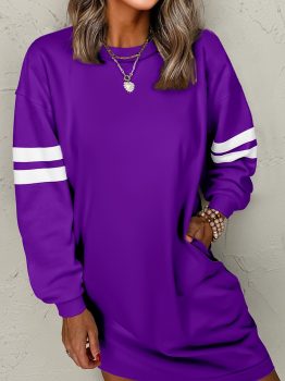 Tillandsia Purple Varsity Contrast Banded Sleeve Shift Sweatshirt Dress