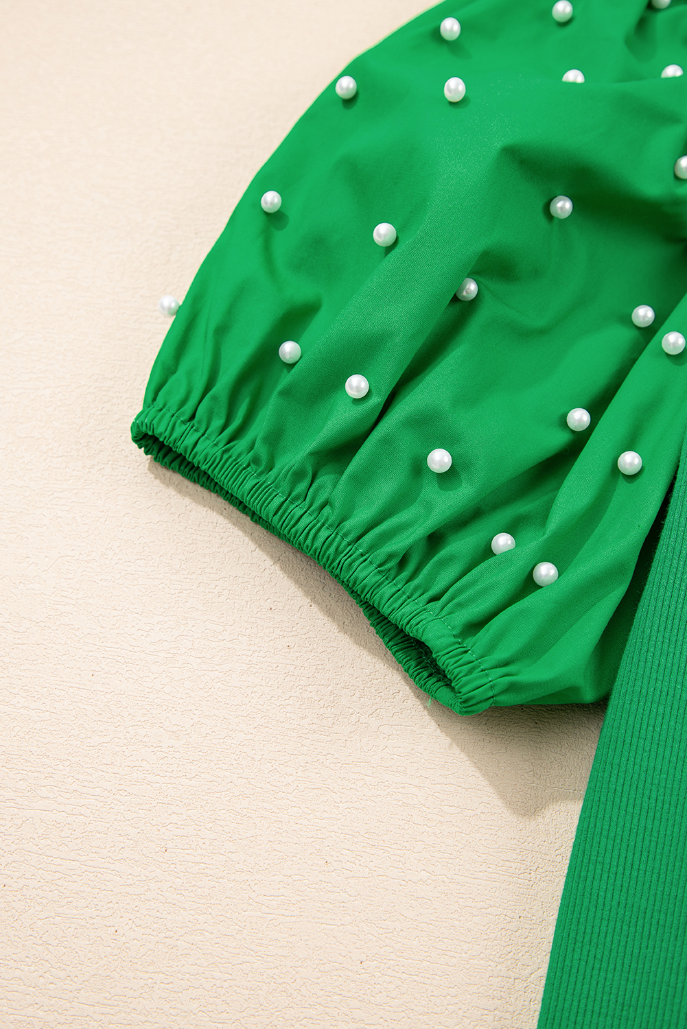 Bright Green Ribbed Pearl Beaded Puff Sleeve Top - Image 7