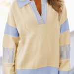 Sky Blue Stripe Contrasting Polo Collar Color Block Knit Drop Shoulder Sweater
