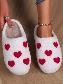 White Valentines Day Hearts Print Plush House Slippers