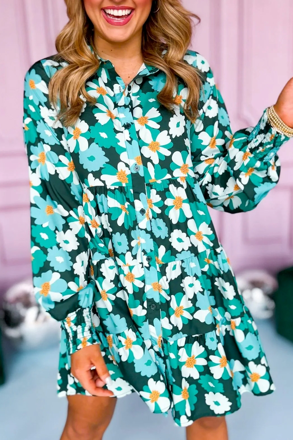 Green Floral Tiered Long Puff Sleeve Shirt Dress - Image 2