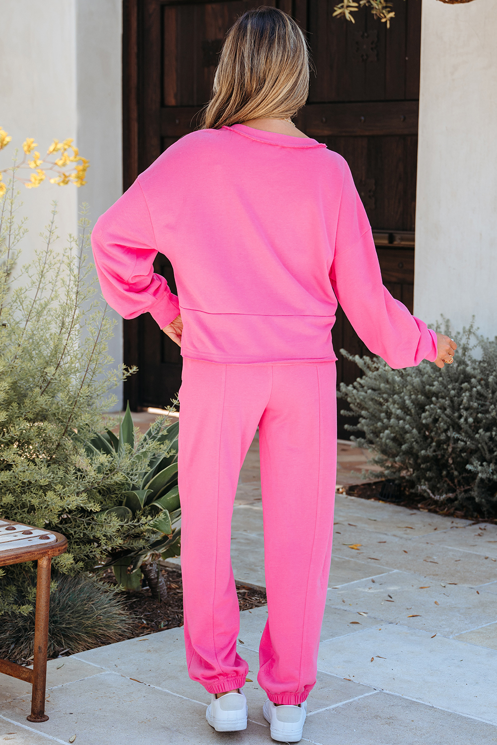 Bright Pink Raw Edge Half Buttons Pullover and Jogger Pants Set - Image 2