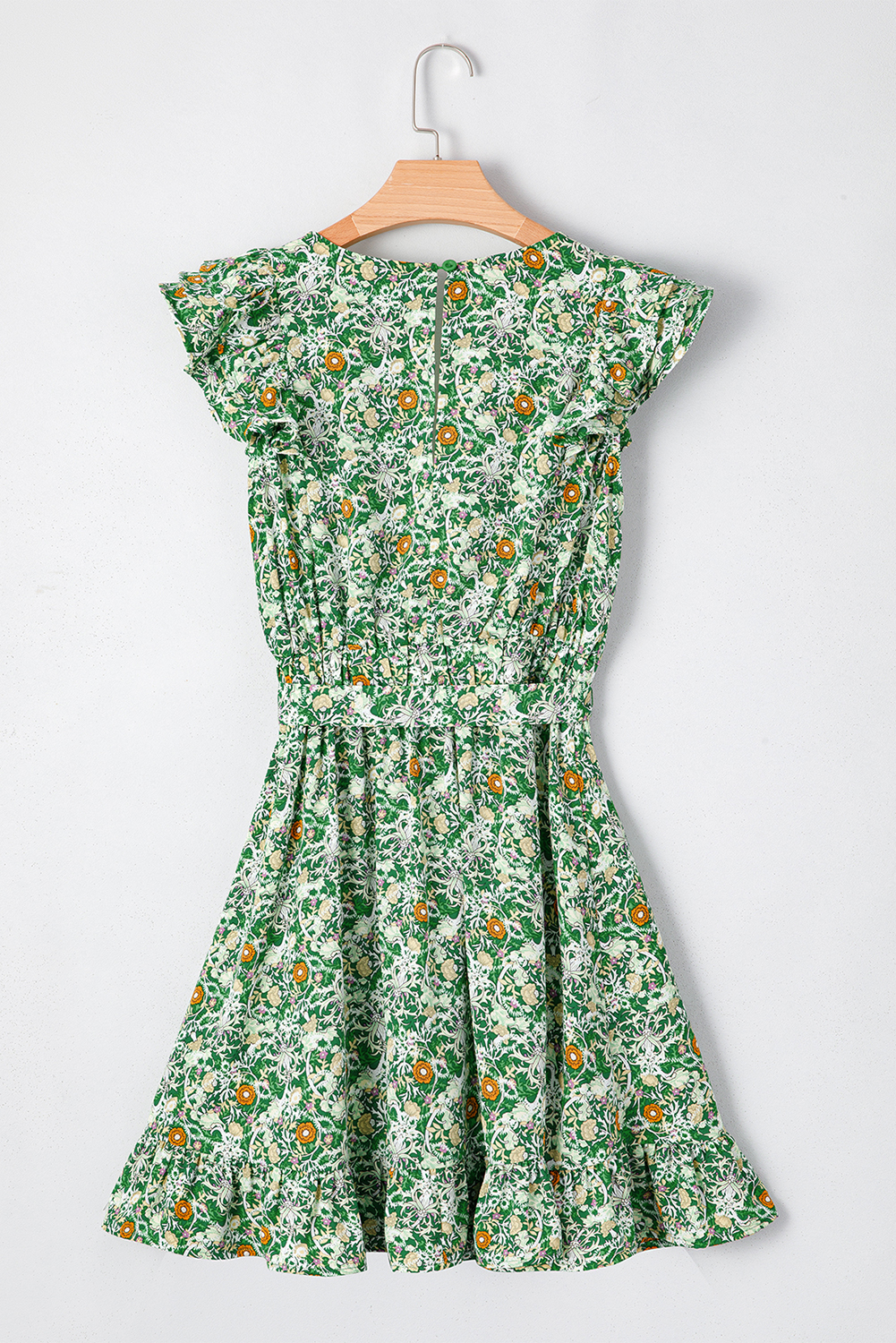 Green Flower Print Flutter Sleeve V Neck Sashed Ruffled Mini Dress - Image 8