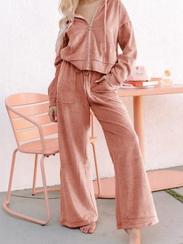 Peach Blossom Velvet Zip-up Hoodie and Wide Leg Pants Set