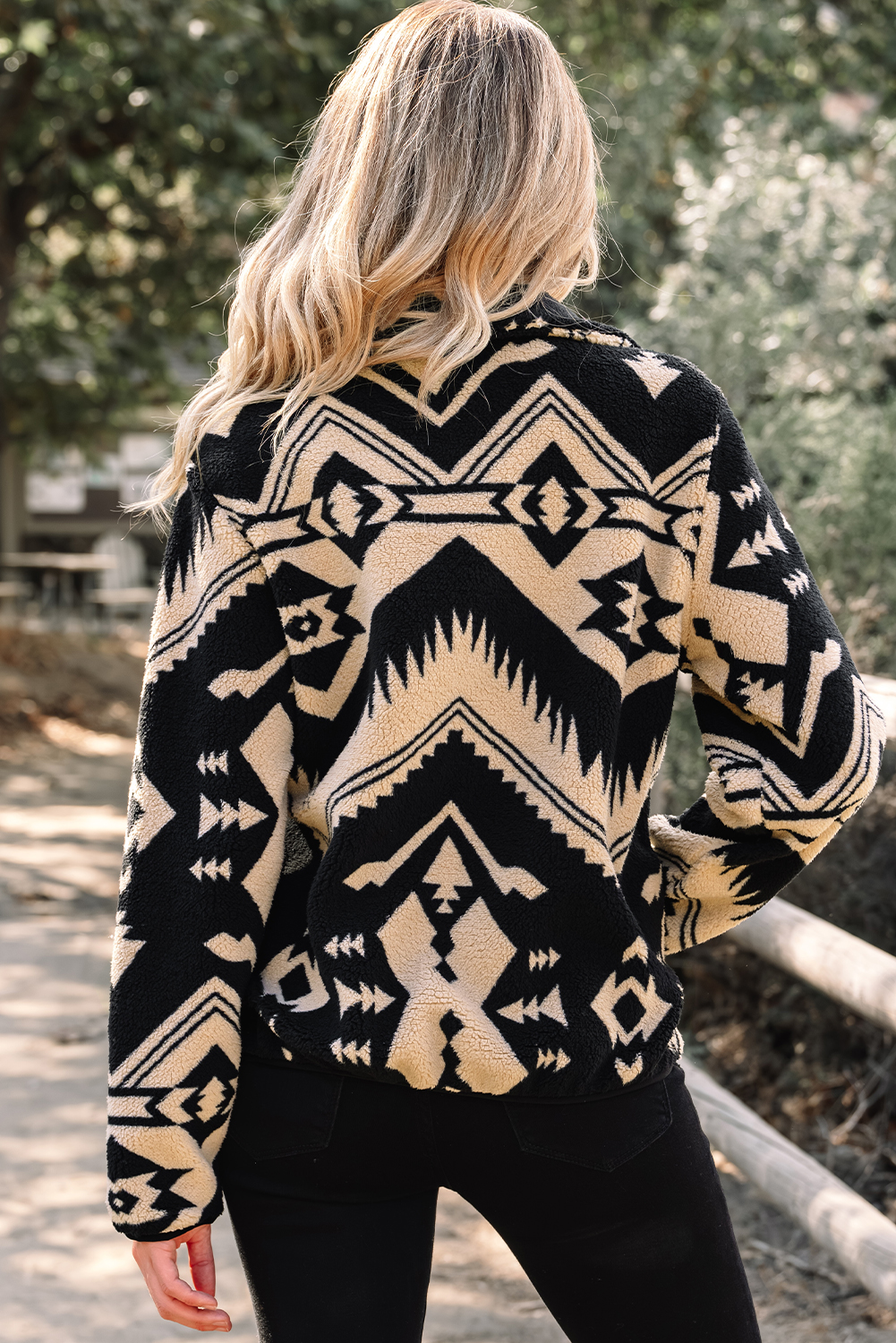 Black Western Aztec Half Placket Plush Sweatshirt - Image 2