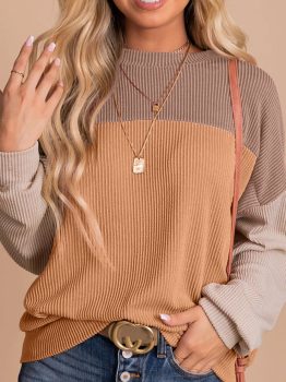 Khaki Color Block Long Sleeve Ribbed Loose Top