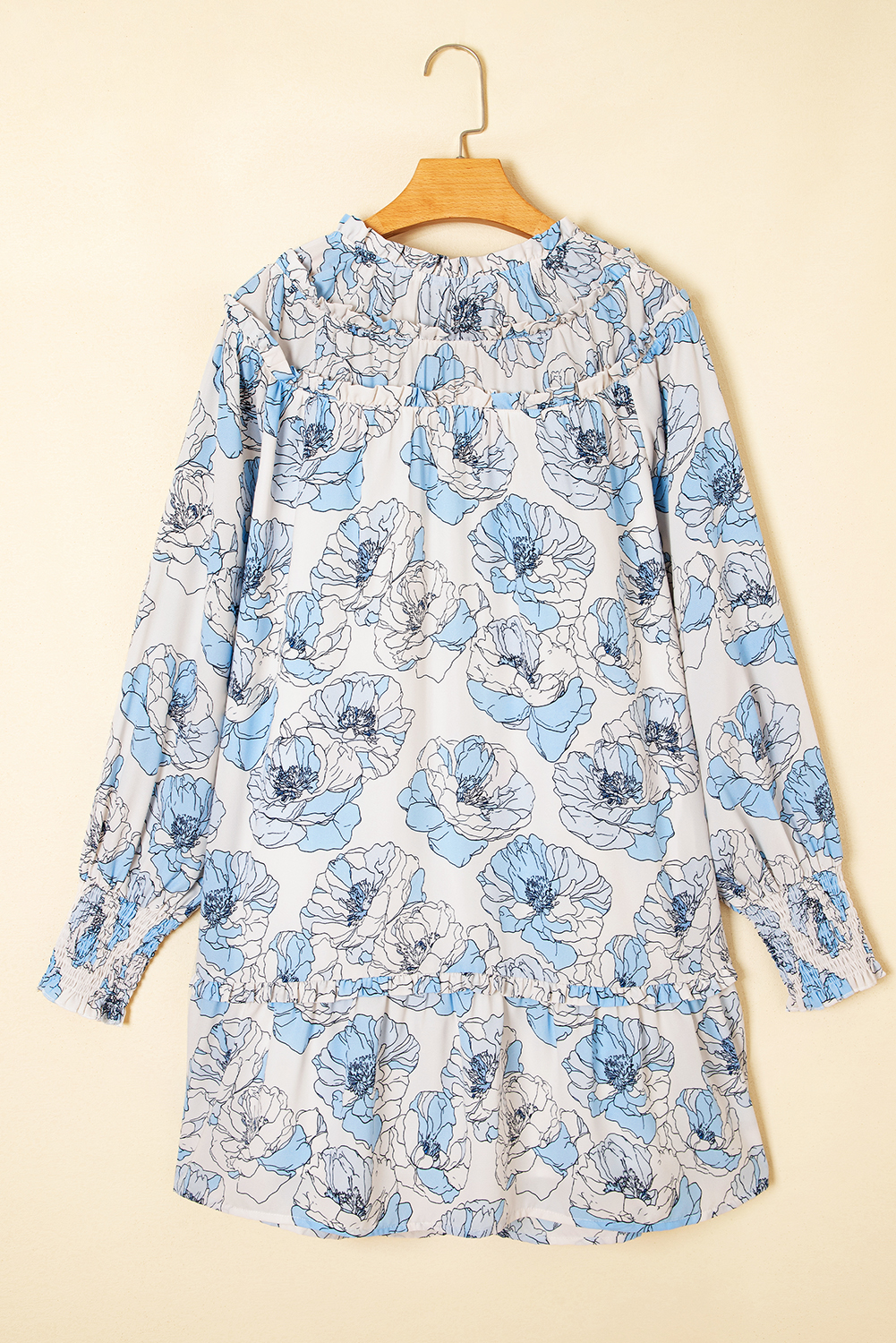 Sky Blue Floral Print Tie Neck Long Sleeve Flowy Mini Dress - Image 5