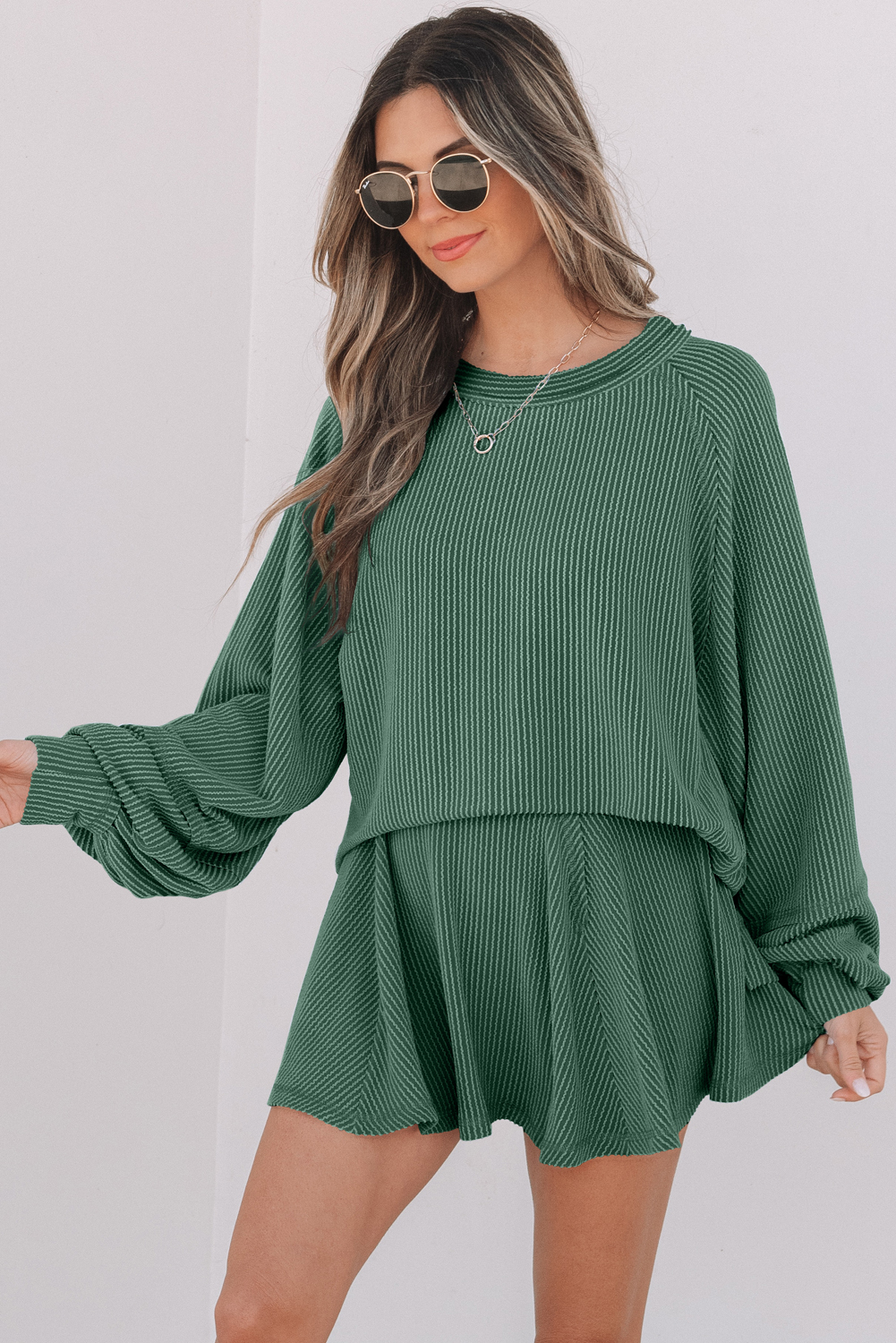 Mist Green Corded Lantern Sleeve Top High Waist Ruffled Mini Skirt Set - Image 3