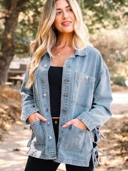 Beau Blue Multi Patched Pockets Side Tie up Boyfriend Style Denim Jacket