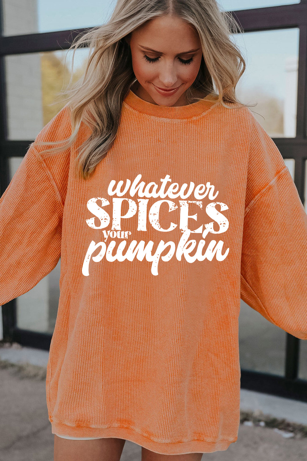 Orange Whatever Spices Your Pumpkin Graphic Corded Pullover Sweatshirt - Image 3