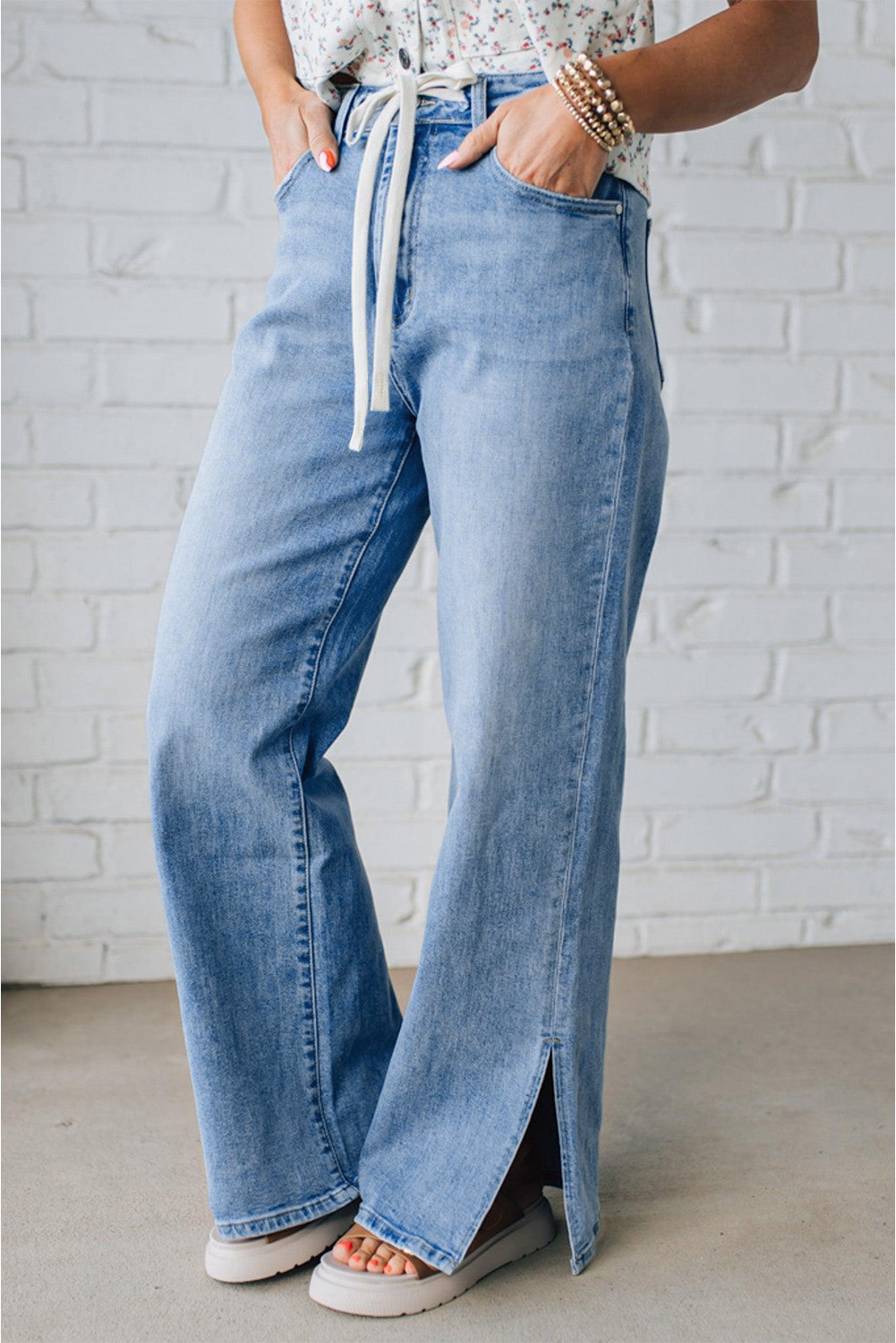 Myosotis Slit Leg High Rise Drawstring Casual Jeans - Image 3