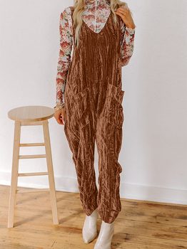 Chicory Coffee Velvet Adjustable Straps Patched Pocket Sleeveless Jumpsuit