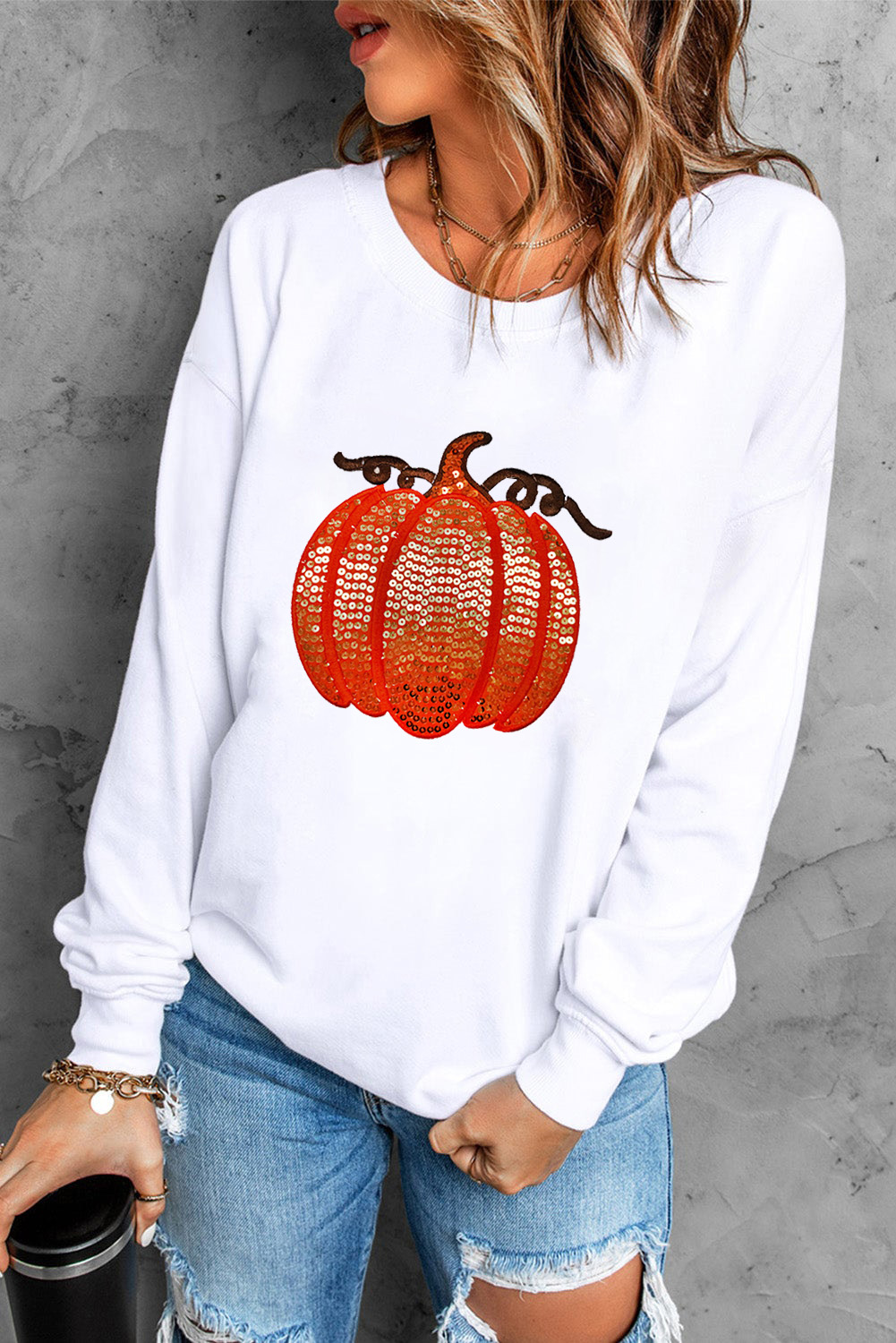White Sequin Pumpkin Patched Casual Pullover Graphic Sweatshirt - Image 4