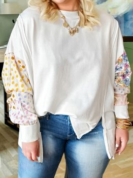 White Plus Size Exposed Seam Detail Contrast Dot Floral Patchwork Sleeve Sweatshirt
