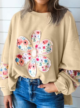 Pale Khaki Floral Applique Baggy Pullover Sweatshirt
