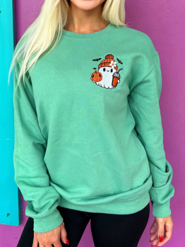Aruba Blue Cute Halloween Ghost Embroidered Casual Sweatshirt